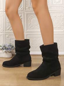 Women's Fashion Short Boots, Foldable Riding Boots, Fuzzy Chunky Heel Dress Boots For Spring, Autumn & Winter - Black - View 2