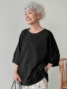 FRIFUL 女式基本款黑色宽松T恤，休闲夏装 - 黑色 - 查看 3