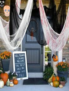 1/3 件万圣节恐怖布 - 万圣节装饰 - 30X72 英寸鬼屋恐怖布 - 恐怖万圣节派对装饰，适合户外或室内万圣节派对，户外室内白色布，适用于鬼屋、庭院、前门、墙壁、恐怖派对装饰，带孔的恐怖纱布 - 白色 - 查看 7