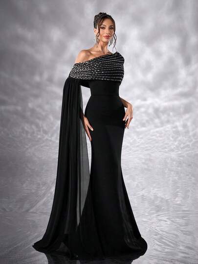 YISIKADO Women Elegant Ball Gown Rhinestone One Shoulder Shawl Sleeveless Formal Evening Dress Mermaid Fishtail Hem Prom Party Dress Elegant Wedding Guest Prom Party Banquet Dinner Graduation Adult Ceremony Celebration Concert Red Carpet Ceremonial Dress