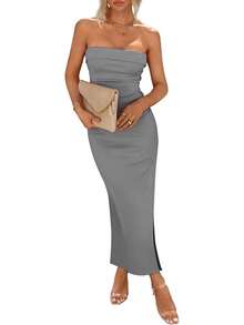 Women's Summer Bodycon Maxi Tube Dress Ribbed Strapless Side Slit Long Going Out Casual Elegant Party DressesHalloween Christmas New Year - 灰色 - 查看 1