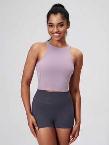 Women's High-Elasticity Workout Crop Top Slim Fit Yoga Running Gym Shirt,  Multi-Color Options For Spring Summer Fall, Workout Accessories, Sports Bra, Sleek Design, Nontransparent Fabric, Fitness Apparel, Stretchy Fabric, Athletic Wear, Women - Purple - View 4