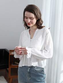 Áo kiểu Pháp thanh lịch và độc đáo, thêu hoa và thiết kế khoét rỗng, áo sơ mi dài tay nữ kiểu dáng thường ngày cho mùa xuân và mùa hè. - Màu be - Xem 10