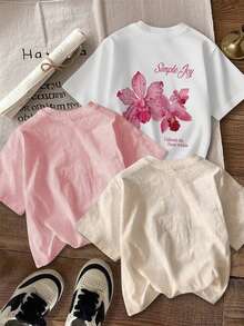 3件套夏季新款简约时尚可爱碎花圆领短袖T恤，百搭日常休闲女装粉色 - 粉色 - 查看 11