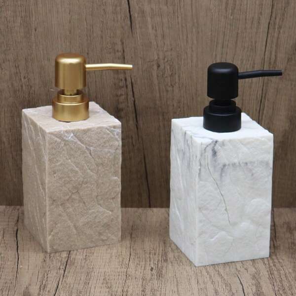 Frasco com bomba recarregável com textura de casca de árvore sintética, dispensador de sabonete de pressão manual, frasco de recarga para xampu e sabonete líquido, frasco dispensador de detergente, frasco de loção de banheiro de resina de alta qualidade, decoração de showroom, dispensador de sabonete, artigos de banheiro para hotéis e residências