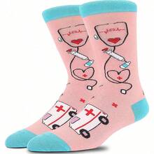 1 Pair Unisex Doctor/Nurse Stethoscope Patterned Mid-Calf Socks, All Seasons, Large Size, Soft, Comfortable, Moisture Wicking, Breathable, Odor Resistant, Warm Calf, Fall - Pink - View 2