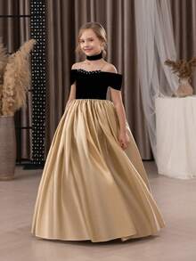 Abito elegante da ragazza pre-adolescente con patchwork dorato, spalle scoperte, fatto a mano con perline, adatto per feste di compleanno, balli, lauree, damigella d'onore, matrimoni - Nero e oro - Visualizzare 10