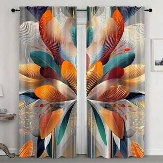 2 st moderna abstrakta blommiga gyllene linjer fönstergardiner - livfull blågrön, orange och gyllene lövdesign, halvtransparenta, lätta att hänga, elegant heminredning för vardagsrum och sovrum, avskilda fönster | Modern heminredning | Enkla gardiner att hänga