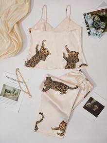 2pcs Leopard Print Comfortable V-Neck Camisole & Pants Pajama Set - Champagne - View 4