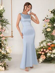 EVERPRETTY 优雅伴娘礼服，带蝴蝶结，露背蓝色礼服 - 淺藍色 - 查看 4
