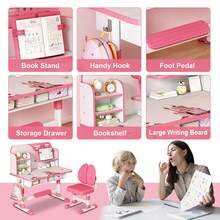Premium Kids Study Desk Chair Set, Height Adjustable Children School Study Table Chair Set With Astronaut Pattern, Ergonomic Desk Chair With Large Writing Board, Bookshelf And Drawer (Pink, Blue) - Pink - View 7