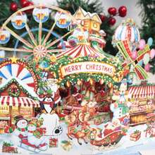 1 张圣诞快乐弹出式卡片，摩天轮，游乐园圣诞老人，圣诞雪人，旋转木马主题派对邀请卡（带信封） - 歡樂 - 查看 5