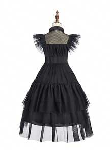 3pcs/Set Girls Black Mesh Ruffle Collar Sleeveless Dress Crown Magic Wand Set Children Witch Costume Girls Role Play Outfit Carnival Halloween Stage Performance Costume Book Week Costume - Black - View 5