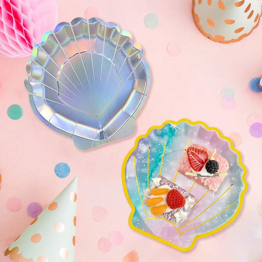 10pcs Iridescent Shell Design Paper Plates, Mermaid Theme Party Supplies, Tableware For Birthday, Holiday, Underwater Party