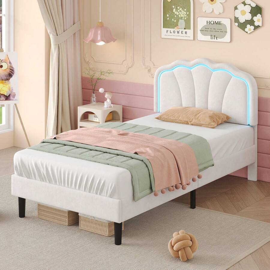 Flieks 3ft Single Upholstered Bed With LED Adjustable Shell Shape Headboard, Soft Velvet Bed Frame With Solid Wood Slat, No Box Spring Needed, Easy Assembly (No Mattress) - White - View 1
