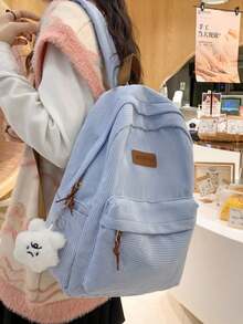 Mochila minimalista de gran capacidad para mujer de unicolor, mochila funcional de pana con parche de letra, de gran capacidad, ligera y portátil, perfecta para adolescentes, mujeres, estudi - Azul - Ver 4