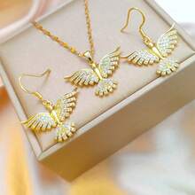 1 Set Of 3pcs Phoenix & Eagle Necklace Pendant Set, Necklace & Earrings Set, Full Diamond Design, Inlaid Cubic Zirconia, Suitable For Women, Stainless Steel Necklace, Fashionable Choker Jewelry, Ideal Gift For Party, Halloween Jewelry, Christmas Gift, Saudi National Day Gifts - Camp - View 1