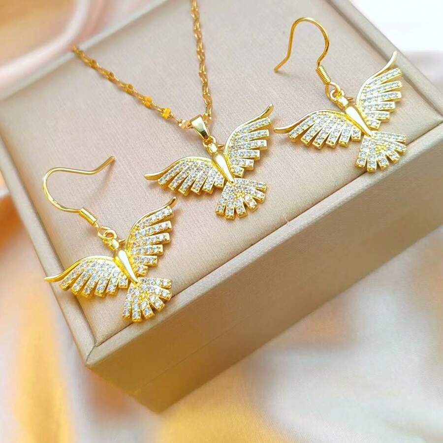 1 Set Of 3pcs Phoenix & Eagle Necklace Pendant Set, Necklace & Earrings Set, Full Diamond Design, Inlaid Cubic Zirconia, Suitable For Women, Stainless Steel Necklace, Fashionable Choker Jewelry, Ideal Gift For Party, Halloween Jewelry, Christmas Gift, Saudi National Day Gifts - Camp - View 1