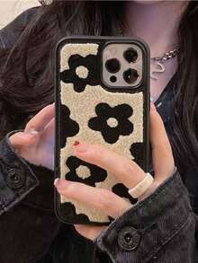 1pc Multi-Color IP16, INS Plush Black Flower Phone Case Suitable For IP11, 12, 13, 14, 15, 16, 15/16/12/13/14 ProMax, IP14/11/12/13 Pro, Smartphone Case, Compatible With IP14/15/16 Plus