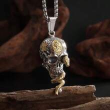SeuSuk 1pc Gothic Snake Wrapped Skull Pendant Necklace, Suitable For Men, Hiphop, Rock, Daily Wear, Jewelry Gift - Gold - View 3