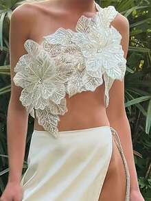 Women's 3D Flower Gorgeous Sequin Decor One Shoulder Sleeveless Bandeau Top Slim Fit Going Out Party Camisole - 白色 - 查看 3