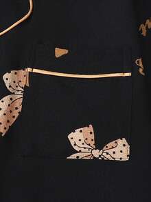 2 piezas/Set Pijama de mujer con estampado de mariposa para otoño/invierno, top de manga larga con botones y cuello de solapa y pantalones largos, ropa de dormir casual - Negro - Ver 4