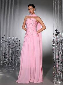 Bộ váy dài thướt tha hở lưng, đính đá lấp lánh thủ công, cổ yếm, dây ruy băng, tôn dáng dành cho nữ, thích hợp cho các buổi tiệc tối trang trọng, đám cưới và lễ hội. - Hồng - Xem 5