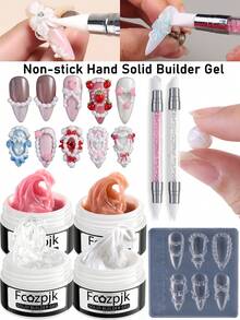 3D 雕刻凝胶不粘手雕刻凝胶套装，透明白粉色裸色固体指甲修整凝胶，含法式蛋糕霜指甲雕刻模具双头硅胶美甲雕刻笔美甲刷雕刻 DIY 美甲沙龙美甲用品套装 - 彩色 - 查看 1