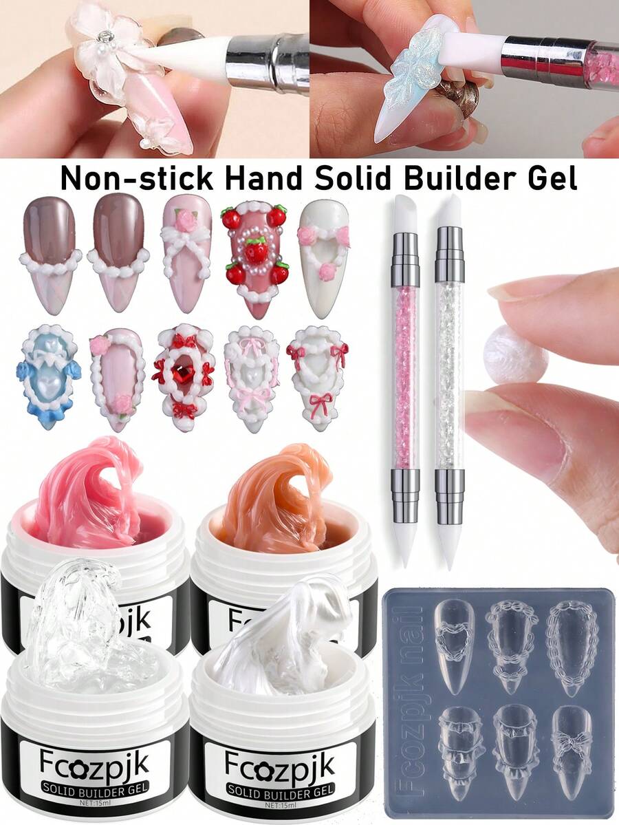3D 雕刻凝胶不粘手雕刻凝胶套装，透明白粉色裸色固体指甲修整凝胶，含法式蛋糕霜指甲雕刻模具双头硅胶美甲雕刻笔美甲刷雕刻 DIY 美甲沙龙美甲用品套装 - 彩色 - 查看 1