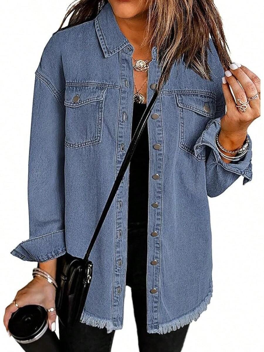 Vetinee Women's Oversized Button Up Frayed Hem Shacket Long Sleeve Pockets Denim Jean Jacket - 千洋之藍 - 查看 1