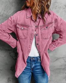 Vetinee Women's Oversized Button Up Frayed Hem Shacket Long Sleeve Pockets Denim Jean Jacket - 紫丁香玫瑰 - 查看 5