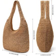 Handmade Straw Woven Handbag, Woven Mesh Beach Bag, Shoulder Bag, Foldable Large Capacity Bag, Suitable For Beach, Camping, Commuting, Travel And Vacation, Full Of Fashion Sense. - 圓/卡其 - 查看 2