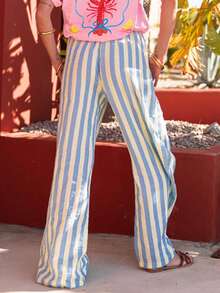 Pantalon rayé en polyester, convient pour le quotidien, les vacances, les rendez-vous, les anniversaires, les fêtes, la rentrée scolaire, les voyages, les festivals de musique country, les sports et la remise en forme, le printemps/l'été