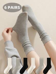 1/5/6 Pairs Women Socks, Encore Solid Color Ribbed Mid-Calf Socks, Simple & Versatile For Outdoor Casual Wear, Indoor Black & White Ladies Socks, Autumn/Winter