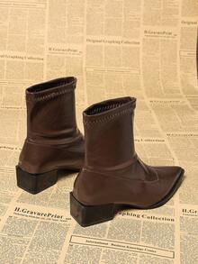 时尚优雅棕色褶皱皮革女式踝靴，尖头粗跟一脚蹬正装靴，2025 秋冬新款中筒靴，适合街头、商务、派对、婚礼、夜总会 - 咖色 - 查看 5