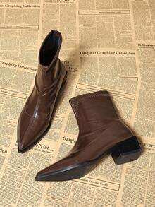 时尚优雅棕色褶皱皮革女式踝靴，尖头粗跟一脚蹬正装靴，2025 秋冬新款中筒靴，适合街头、商务、派对、婚礼、夜总会 - 咖色 - 查看 4