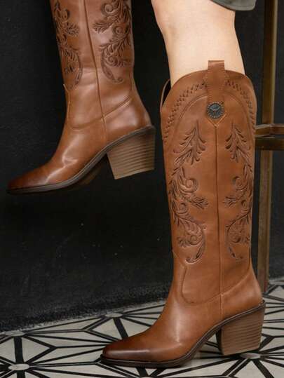 Botas estilo vaquero de media caña western diseño clásico abajo de la rodilla detalles bordados con diseños florales con tacón grueso botas vaqueras para mujer vintage
