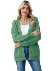 Women Chunky Knit Cardigan Sweater Long Sleeve Button Up Cardigan With Pocket Sweater Coat Fall And Winter, Fashionable Knitwear SLK8 - Xanh ngọc lục bảo - Xem 5