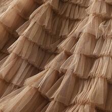 Women's A-Line Fairy Patterned Elastic Waist Ruffle Tulle Layered Midi Skirt - Tutu B Khaki - View 3