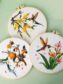 1set DIY Hand Embroidery Kit, Bird & Floral Pattern, Includes Embroidery Hoop, Threads, Stencil For Beginner, Random Color - Multicolor - View 8