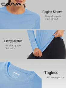 Cavva 女式夏季 UPF50+ 速干吸湿排汗长袖上衣 100% 涤纶 轻盈透气 圆领 修身 女士插肩袖 休闲户外