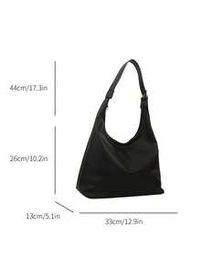 New Versatile Solid Color PU Shoulder Bag, Casual Minimalist Baguette Bag, Large - Black - View 5