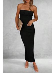 Women's Summer Bodycon Maxi Tube Dress Ribbed Strapless Side Slit Long Going Out Casual Elegant Party DressesHalloween Christmas New Year - 黑色 - 查看 6