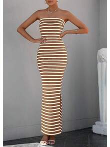 Women's Summer Bodycon Maxi Tube Dress Ribbed Strapless Side Slit Long Going Out Casual Elegant Party DressesHalloween Christmas New Year - 寬條紋棕白色 - 查看 5