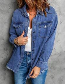 Vetinee Women's Oversized Button Up Frayed Hem Shacket Long Sleeve Pockets Denim Jean Jacket - 宵藍 - 查看 8