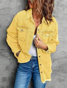 Vetinee Women's Oversized Button Up Frayed Hem Shacket Long Sleeve Pockets Denim Jean Jacket - 金子 - 查看 5