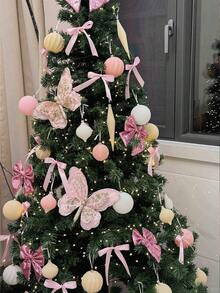 1 Stück handgemachte rosa Weihnachtsbaum Ornament Kollektion, Glitzer Pailletten Weihnachtsbaum Anhänger, Pailletten Schleife, Glitzer Schmetterling, Glitzer Kugel, rosa Schleife dekorierte Weihnachtsbaum Dekoration rosa Set Hängende Kugel, Weihnachtsritual Sinn, rosa verspielter Weihnachtsbaum