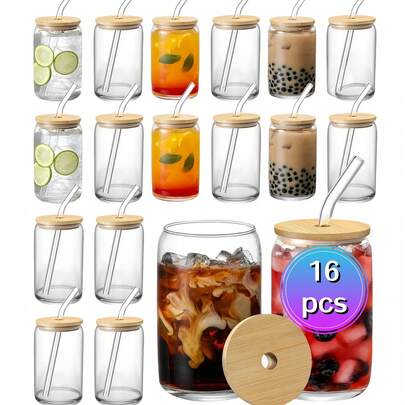 16 Piece Glass Cup, Glass Cup With Lid And Straw Brush, Mason Jar Drinking Cup, Iced Coffee Cup, Glass Cup With Bamboo Lid, Exquisite Water Cup, Reusable Straw Cup, Suitable For Family Gatherings, 18.7oz/550ml