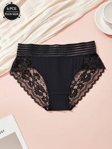 4 sztuki seksownych koronkowych, wyciętych, półprzezroczystych, jednolitych kolorów, średniej talii, plus size, damskich spodni trójkątnych, dojrzałego uroku, retro, romantycznej, francuskiej, słodkiej i uroczej bielizny, lekkie, miękkie i wygodne, całoroczne, odpowiednie do domu, podróży, na imprezy i prezenty