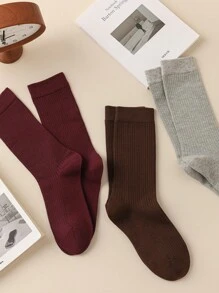 1/5/6 Pairs Women Socks, Encore Solid Color Ribbed Mid-Calf Socks, Simple & Versatile For Outdoor Casual Wear, Indoor Black & White Ladies Socks, Autumn/Winter